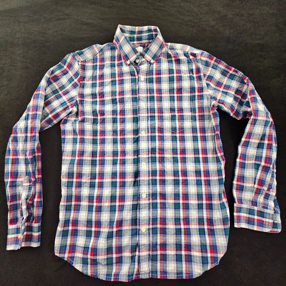 Gap Standard Fit White Blue Plaid Long Sleeve Cotton Button-Up Shirt Men's S